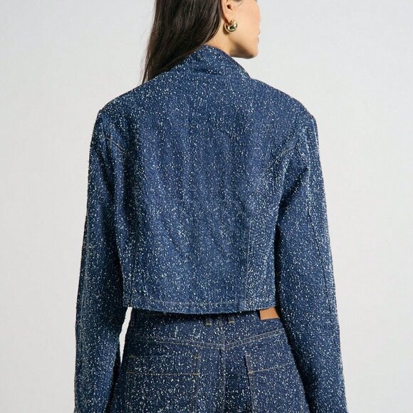 Blue Elegant Women's Collarless Button Front Long Sleeve Denim Jacket - Picture 2 of 4